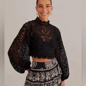 NWT- Farm Rio Black Guipure Lace Long Sleeve Blouse Crop Top Medium